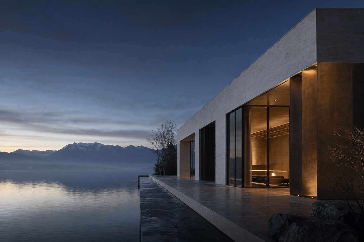 Modern limestone pavilion beside Lake Geneva at dawn